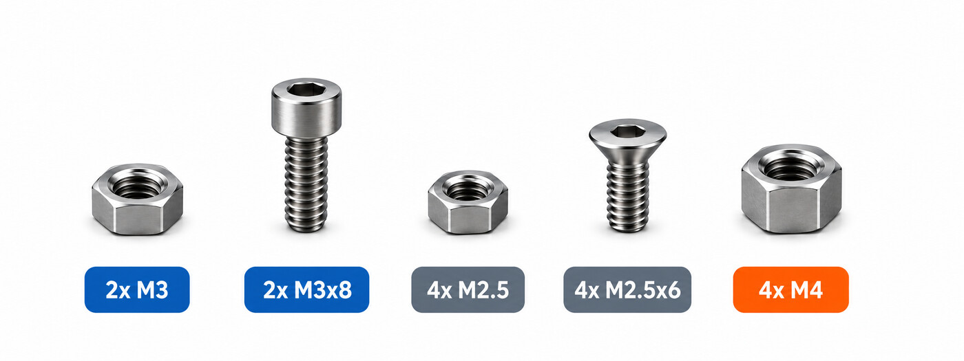 Tornillería necesaria: 2x M3, 2x M3x8, 4x M2.5, 4x M2.5x6, 4x M4